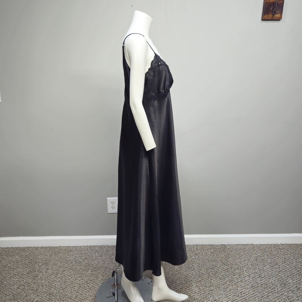 Vintage Linea Donatella Maxi Nightgown Medium Black Babydoll Satin Lace Romantic - Picture 2 of 9